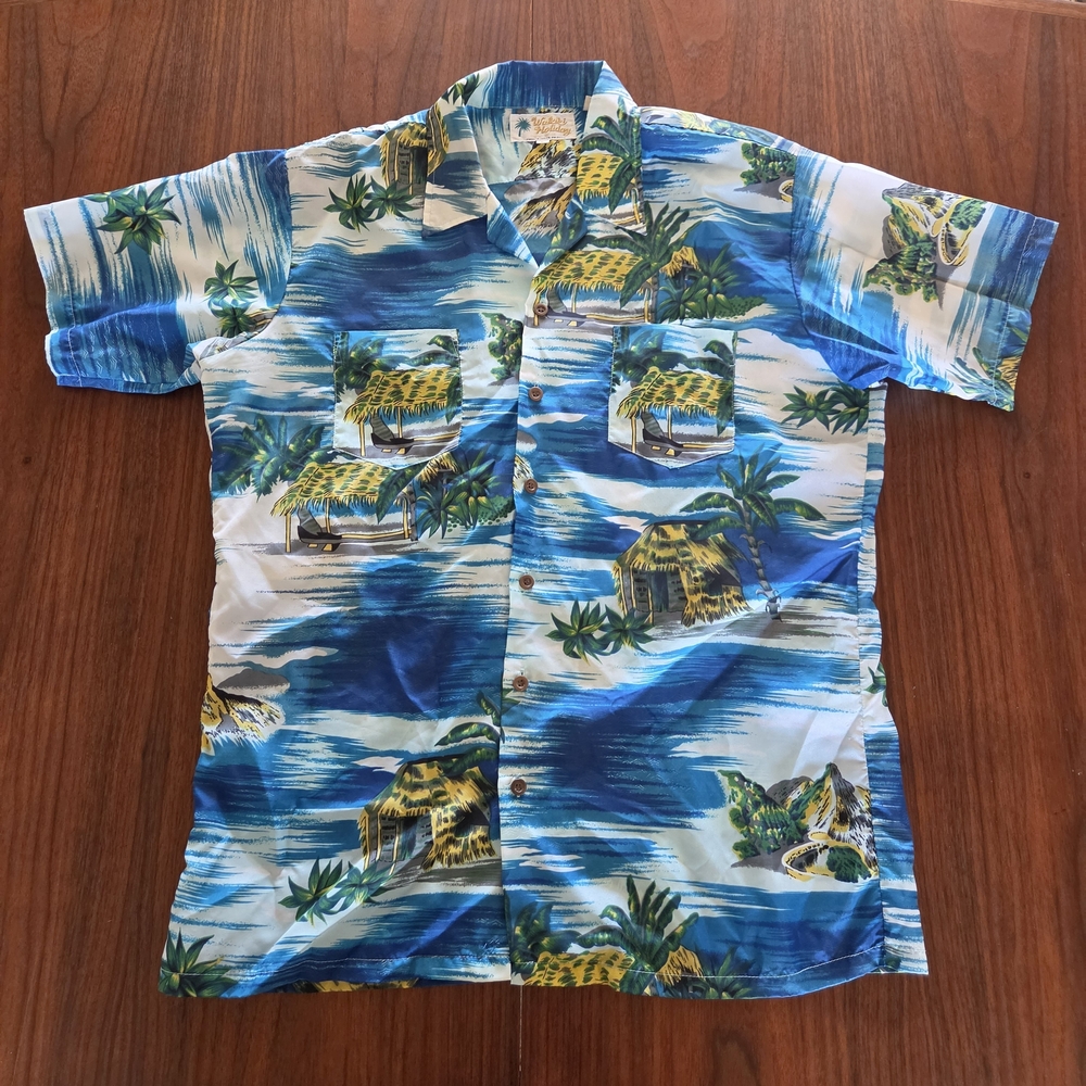 Vintage 80s Hawaiian Holiday Nylon Shirt Blue Tiki Hut Aloha Large Pockets